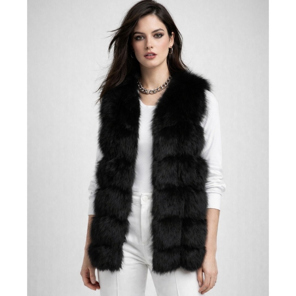 Skea Black Genuine Fox Fur Sweater Vest Tiered Ribbed‎ Knit Back Mock Neck Small